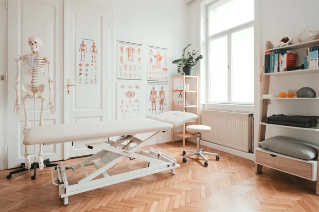 Physio-Ausstattng: Skelett, diverse Plakate vom Bewegungsapparat, Liege